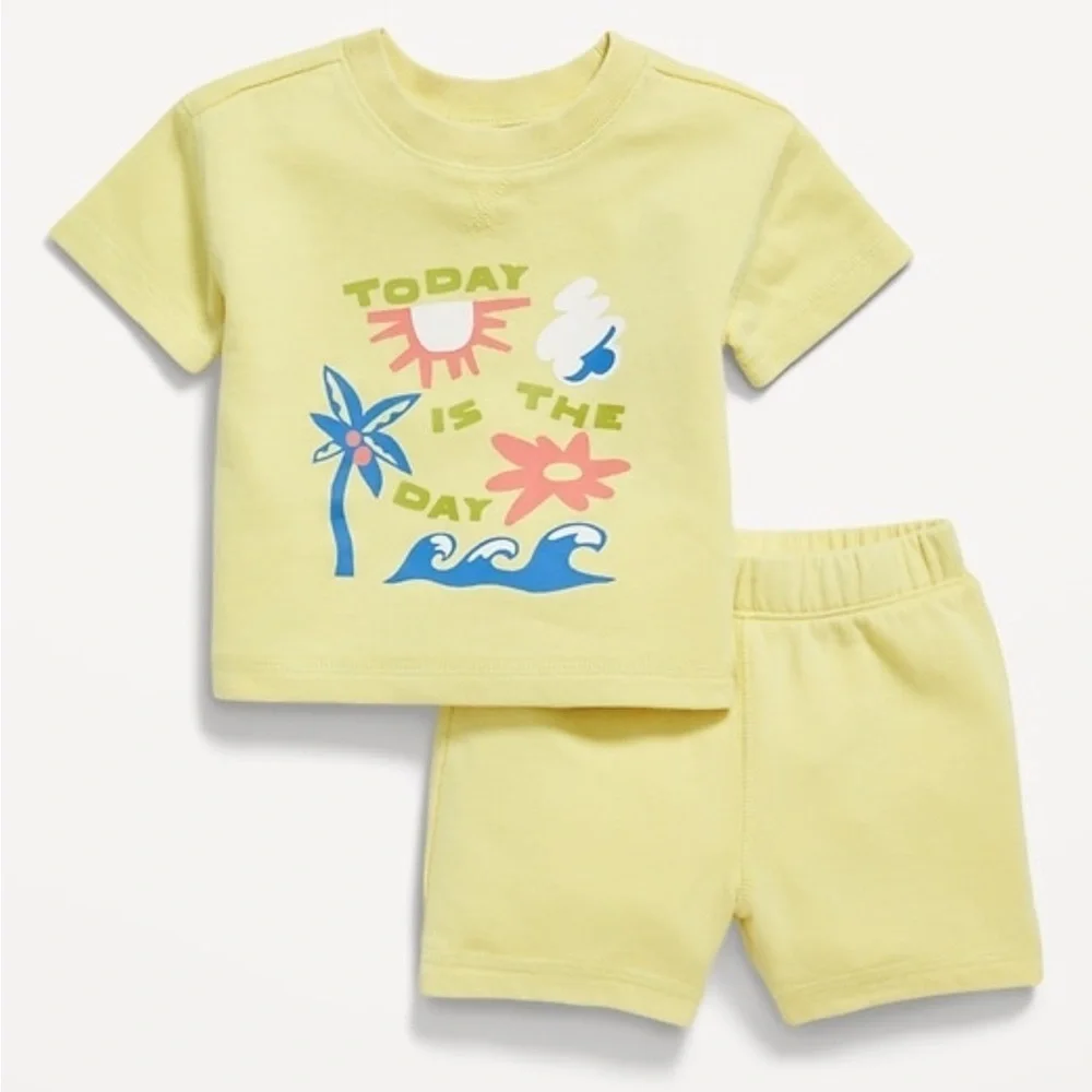Old Navy French-Terry Yellow Graphic Tee and Shorts Set size 12-18 months unisex